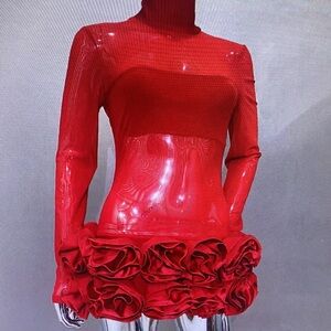 Red Ruffled Bodycon Dress with Long Sleeves